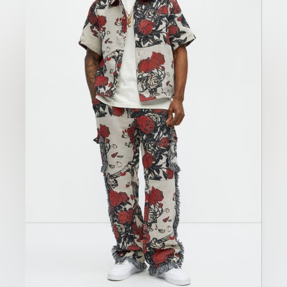 Straight Petals Tapestry Cargo Pants - Red/combo Size 38 (Only Pants)